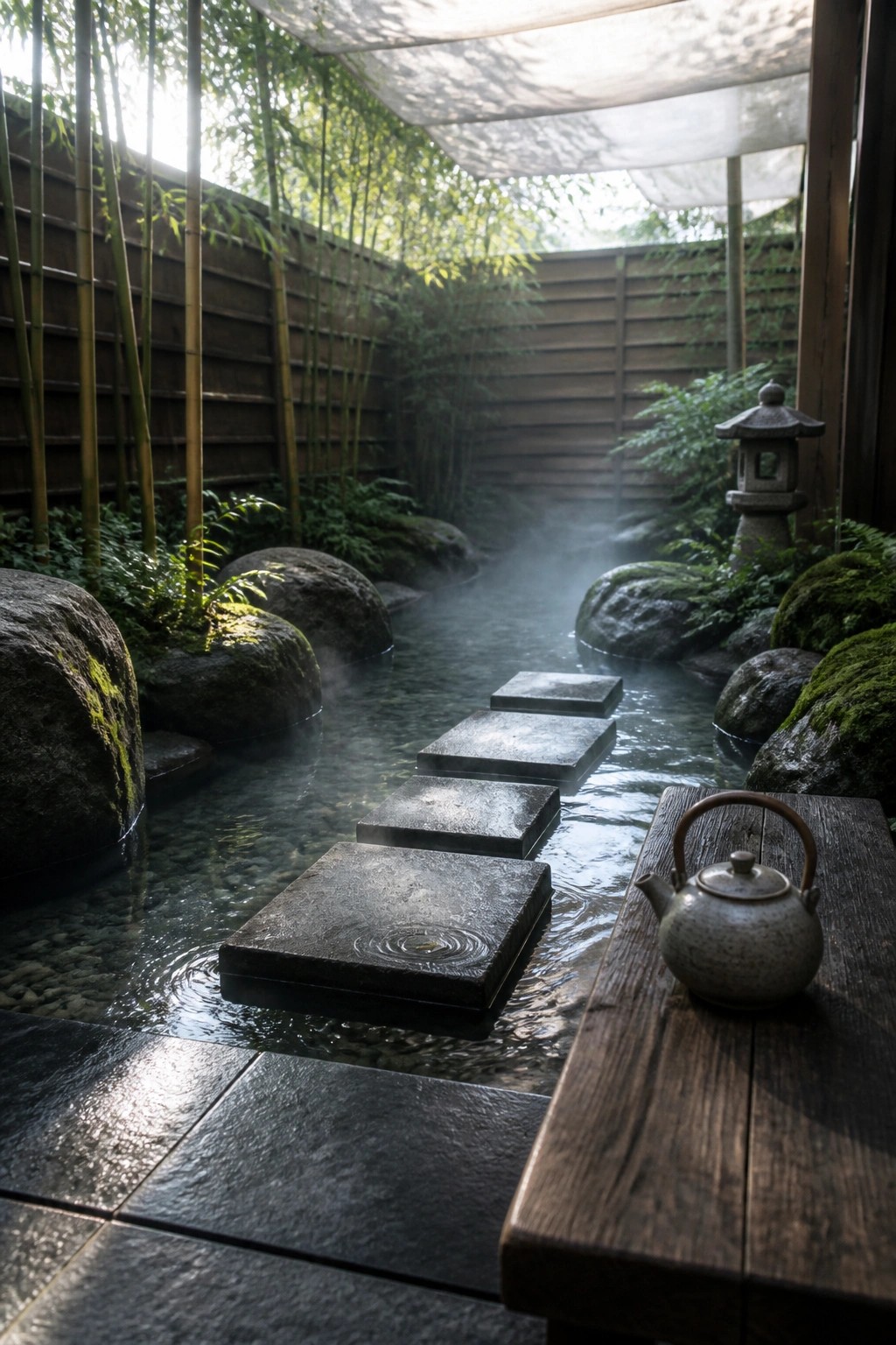 A shallow pool with rectangular stone stepping stones running through the water, surrounded by bamboo, mossy rocks, and a stone lantern, with a wooden bench holding a teapot in the foreground.