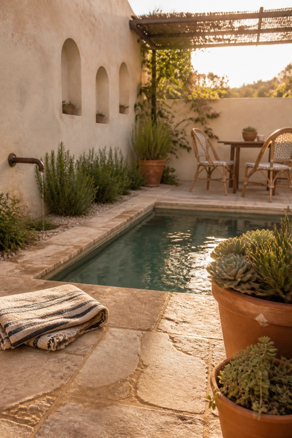 A small rectangular inground pool with light stone pavers around the edges, potted plants nearby, and a folded towel resting on the deck.