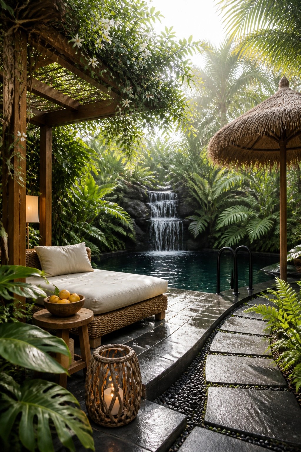 A small inground pool with a waterfall in a lush garden, featuring a white cushioned lounge chair under a wooden pergola, a stone path, and a thatched umbrella nearby.