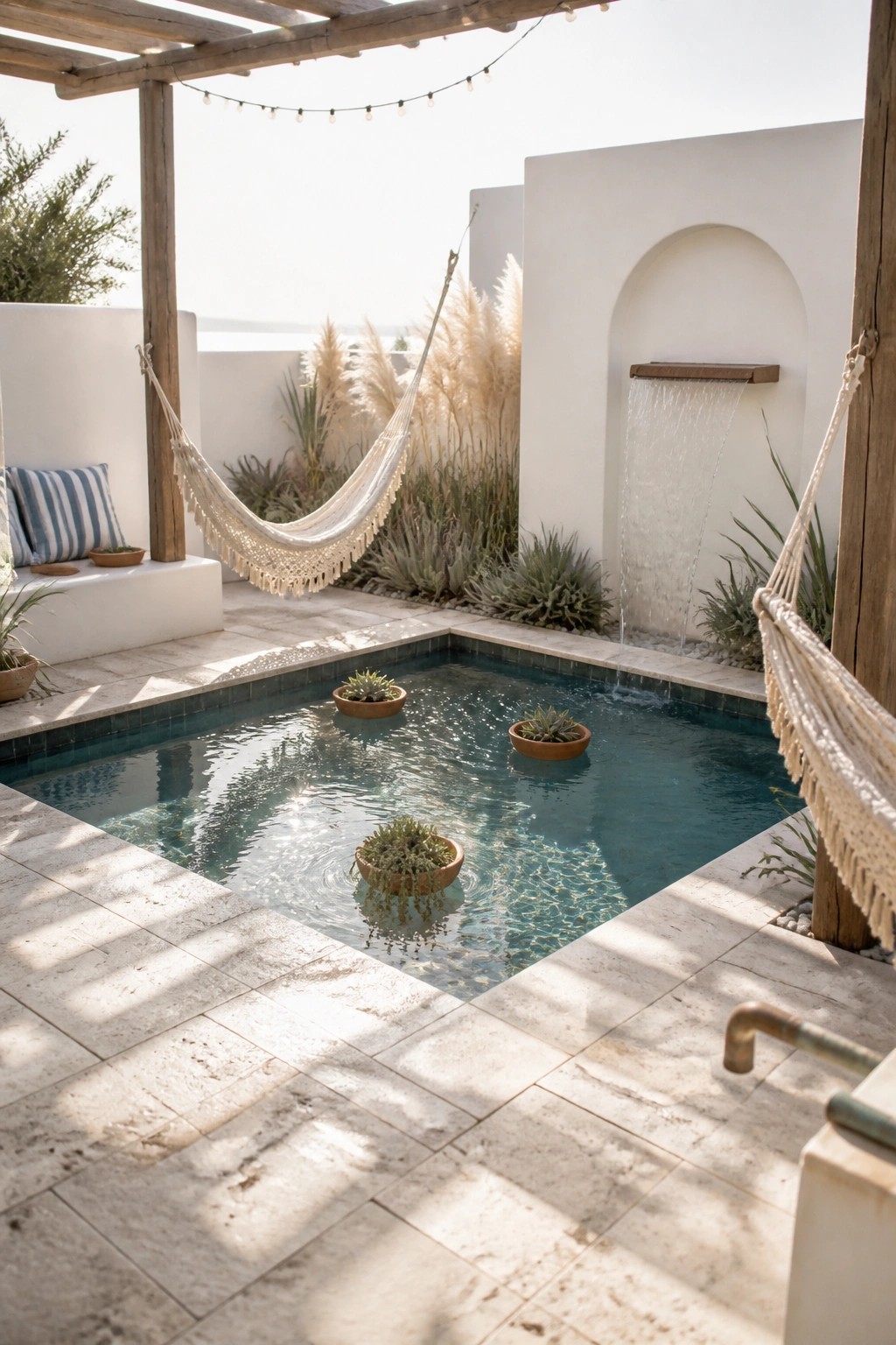 Courtyard plunge pool with floating planters, hammocks, pampas grass, and waterfall wall.