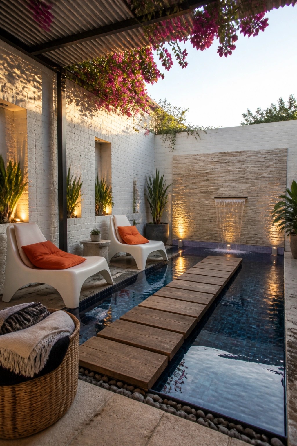 A small modern inground pool with a wooden walkway extending across the water, white lounge chairs with orange cushions along the edge, and a stone water feature on the back wall.