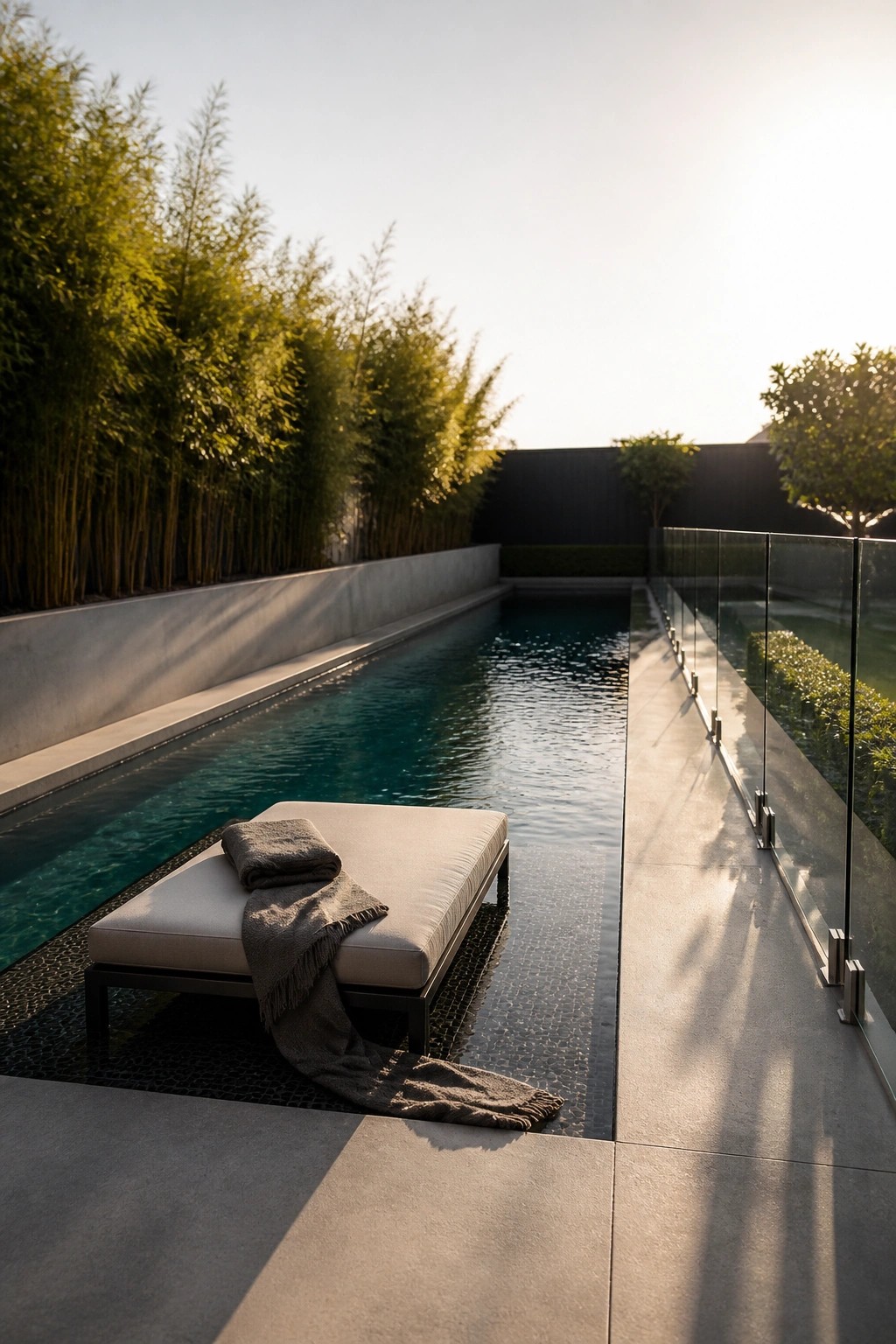 21 Trendy Small Pool With Sun Shelf Ideas for Comfortable Lounging A narrow rectangular pool with a lounge chair on a dark mosaic-tiled sun shelf beside the water, bordered by bamboo and concrete walls.