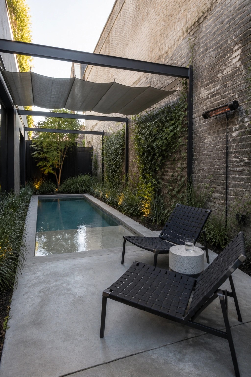 21 Trendy Small Pool With Sun Shelf Ideas for Comfortable Lounging A narrow rectangular pool with a concrete sun shelf sits in a small courtyard, flanked by two black woven lounge chairs on a concrete patio under a gray shade sail, with ivy-covered brick walls on one side.