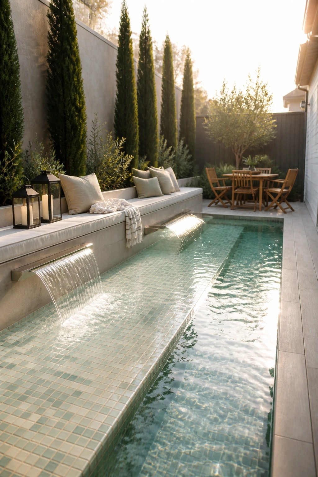 21 Trendy Small Pool With Sun Shelf Ideas for Comfortable Lounging A narrow rectangular pool with a built-in cushioned bench along one long edge, water cascading from the bench into the pool, and an outdoor dining area visible in the background.