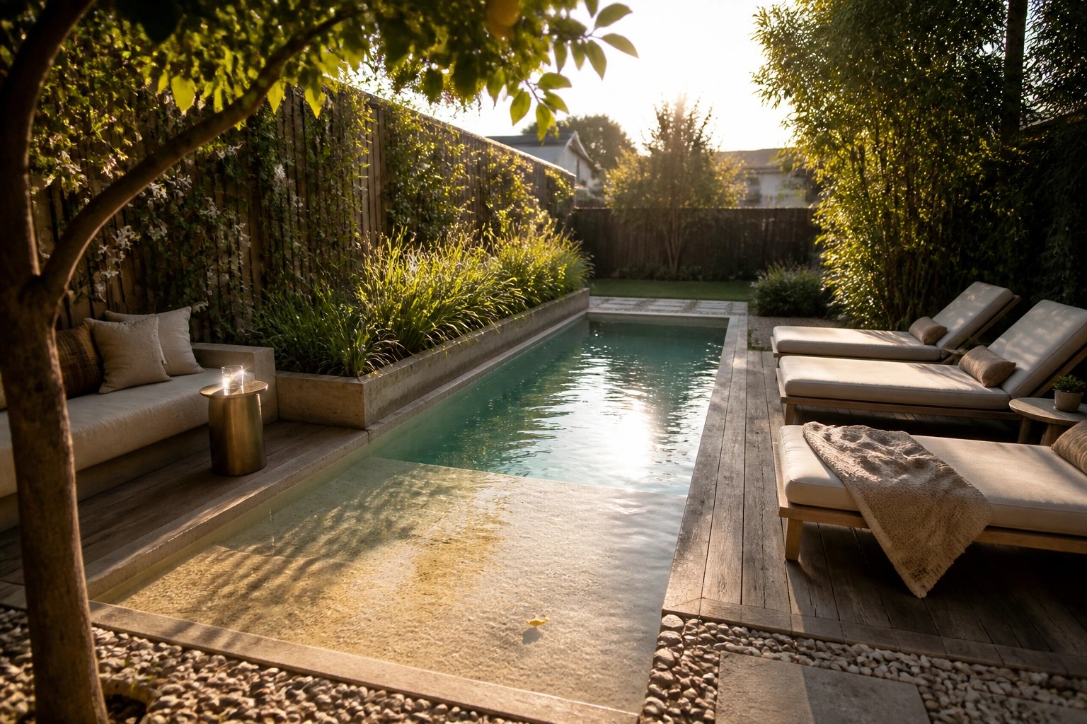 A narrow lap pool with a shallow sun shelf at one end, wooden deck with lounge chairs, built-in concrete bench with cushions, and surrounding plants and trees.