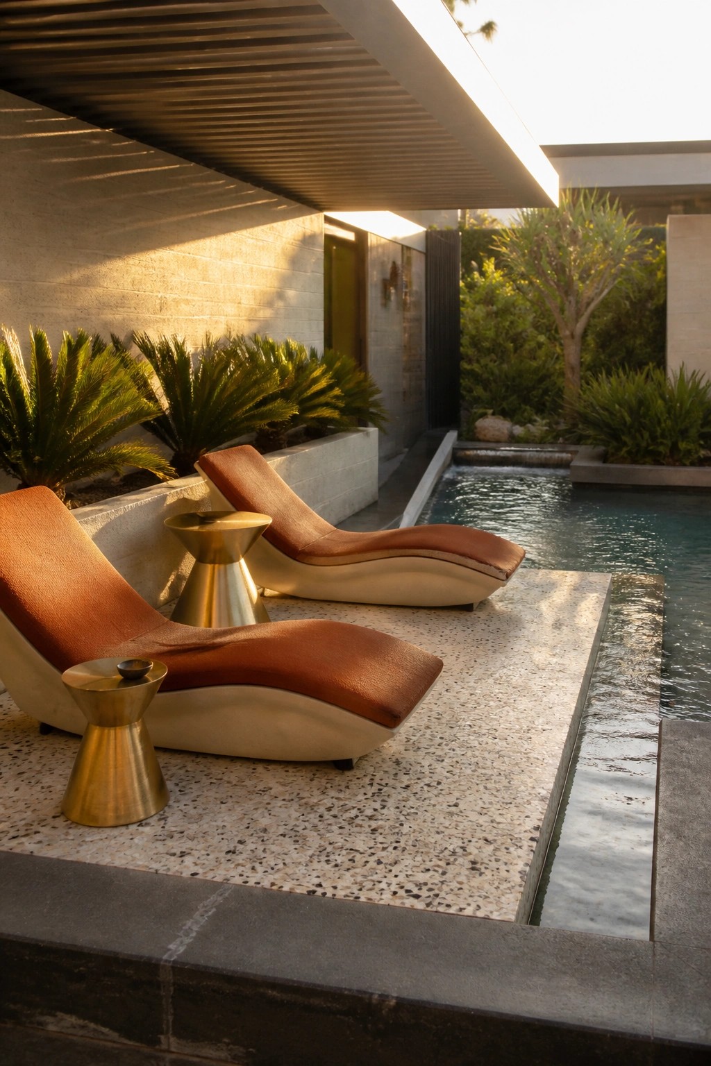 21 Trendy Small Pool With Sun Shelf Ideas for Comfortable Lounging Two orange lounge chairs with matching side tables sit on a speckled concrete deck directly next to a rectangular pool, with plants visible in the background.