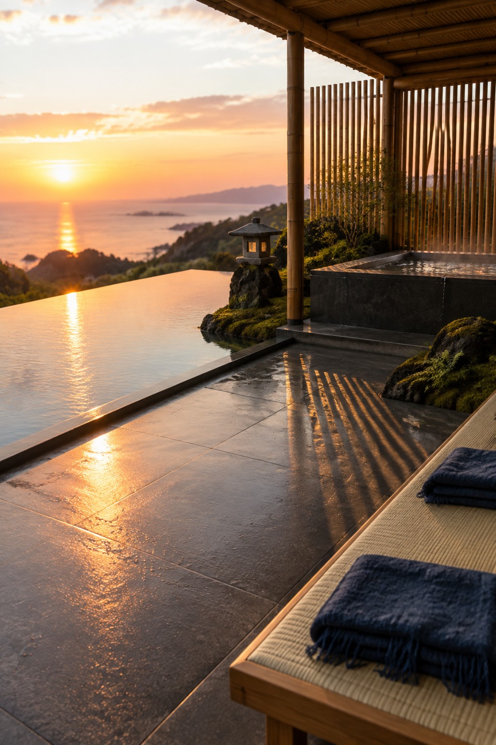An infinity pool at sunset with a bamboo-covered hot tub, stone lantern, and a low wooden table with folded towels on tatami mats in the foreground.