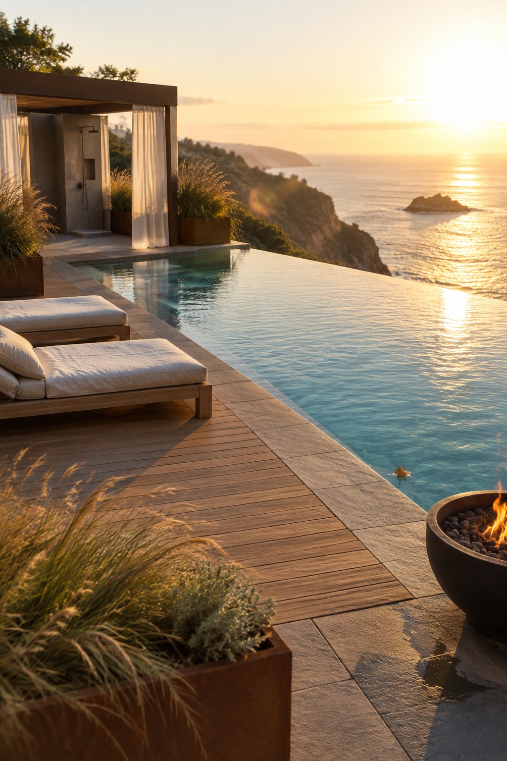 Infinity pool on cliff overlooking sea at sunset with lounge chairs and fire pit
