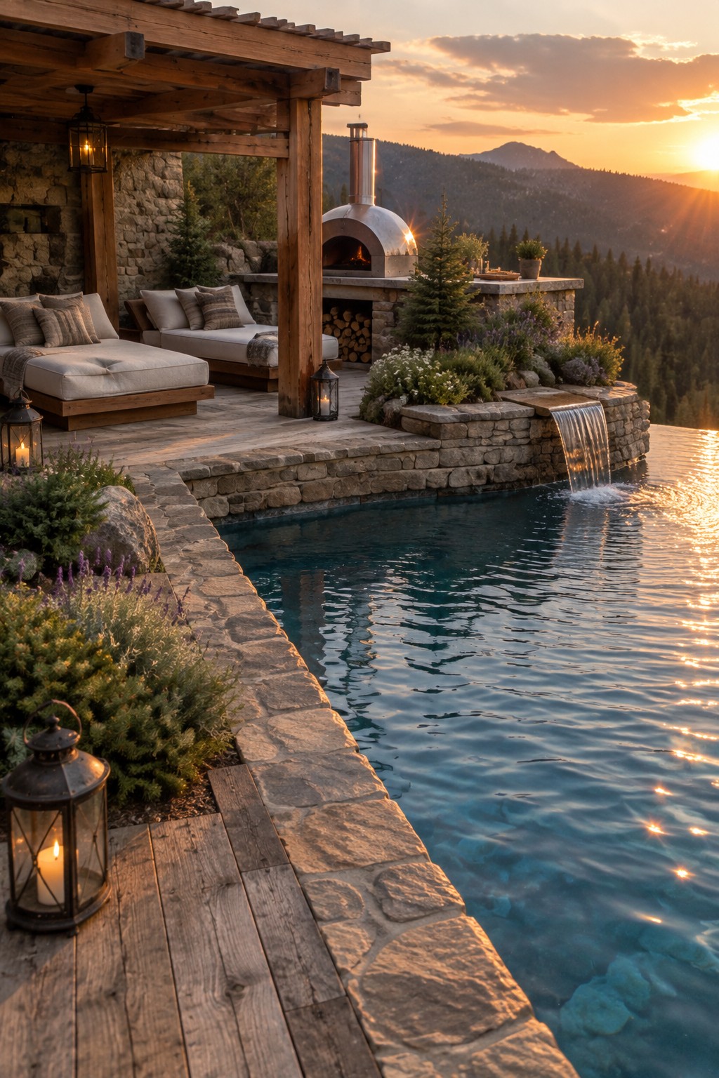 A wooden pergola covers lounge seating on a stone patio next to an infinity pool with a small waterfall edge, set against a mountain sunset.