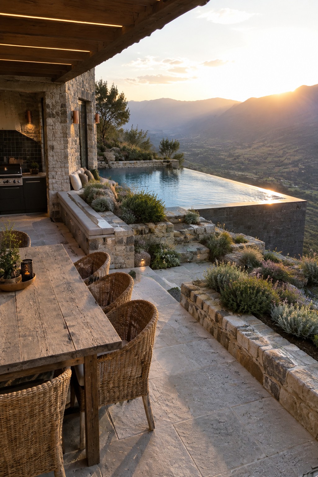A stone house terrace with a wooden dining table, woven chairs, built-in bench, and infinity pool overlooking mountains at sunset.