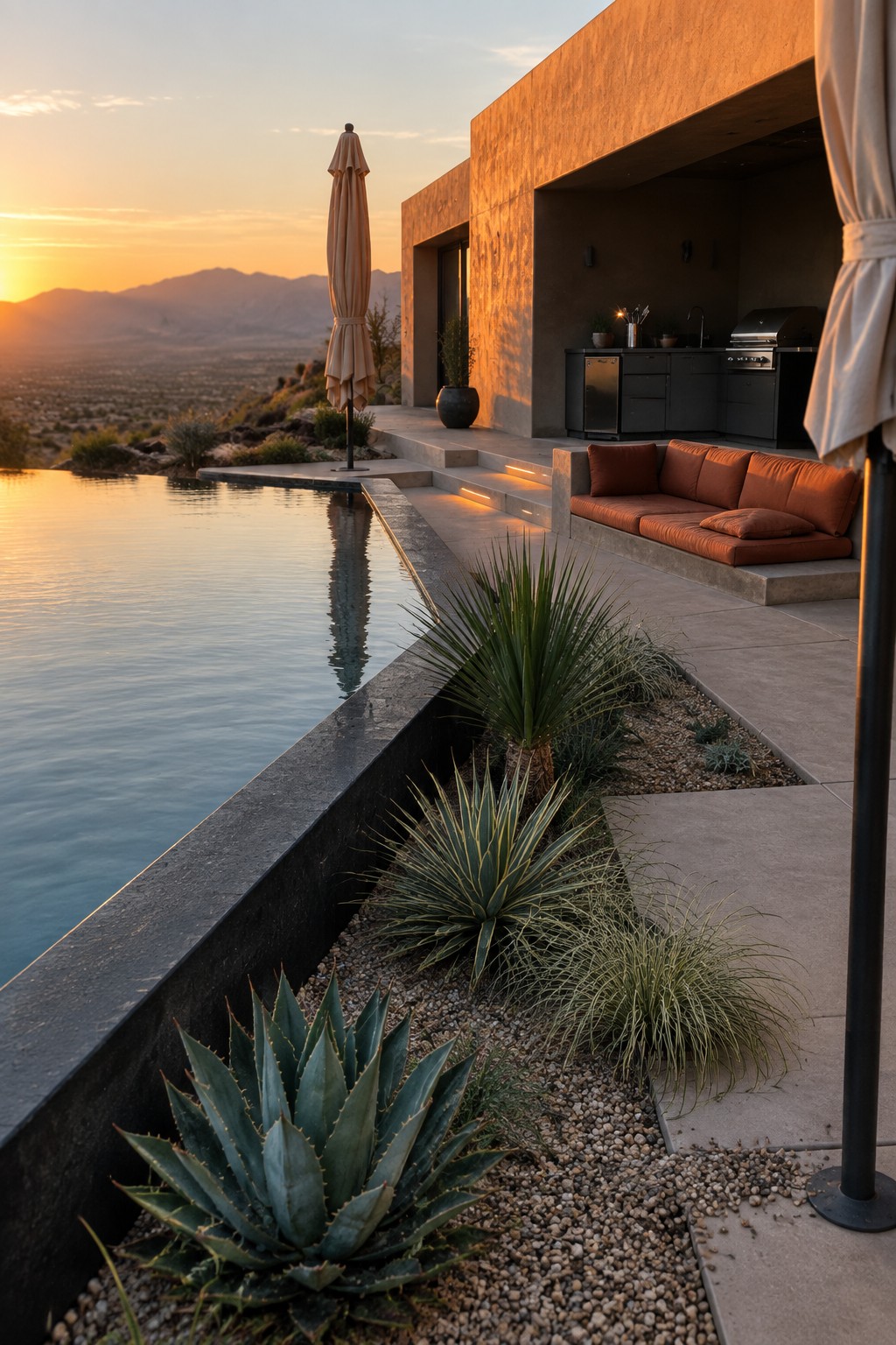 Modern desert home with infinity pool, orange sofa, and agave plants at sunset