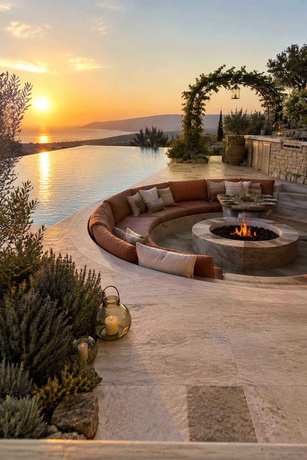 A curved terracotta outdoor sofa wraps around a round stone fire pit on a light stone terrace next to an infinity pool at sunset.