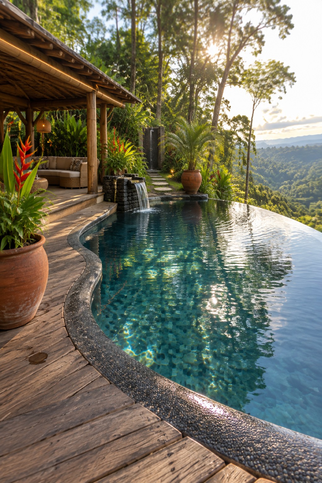 An infinity pool with a dark pebble edge curves beside a wooden deck and a bamboo-roofed seating area overlooking a forested valley.