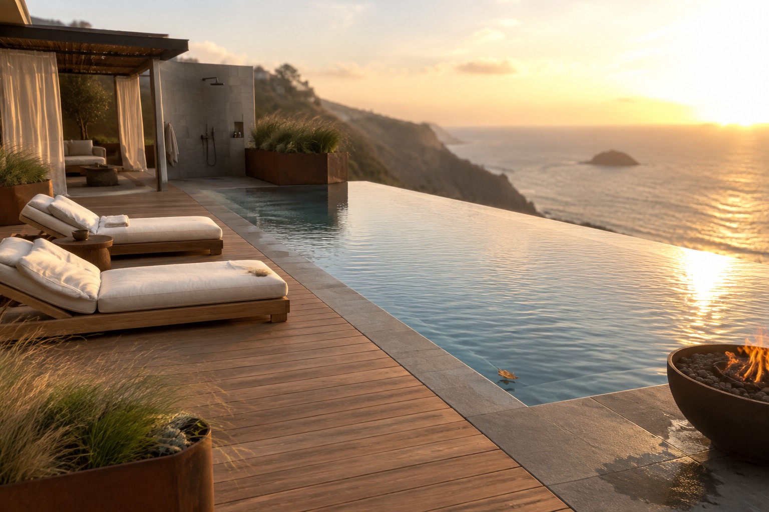 Infinity pool on cliff overlooking sea at sunset with lounge chairs and fire pit