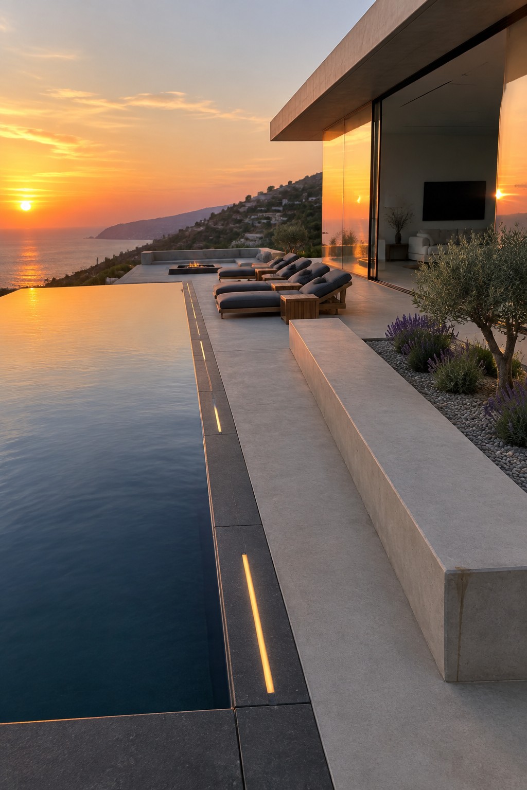 A long infinity pool with glowing linear lights sits beside a concrete deck lined with dark lounge chairs, next to a modern house with open glass doors overlooking the sea at sunset.