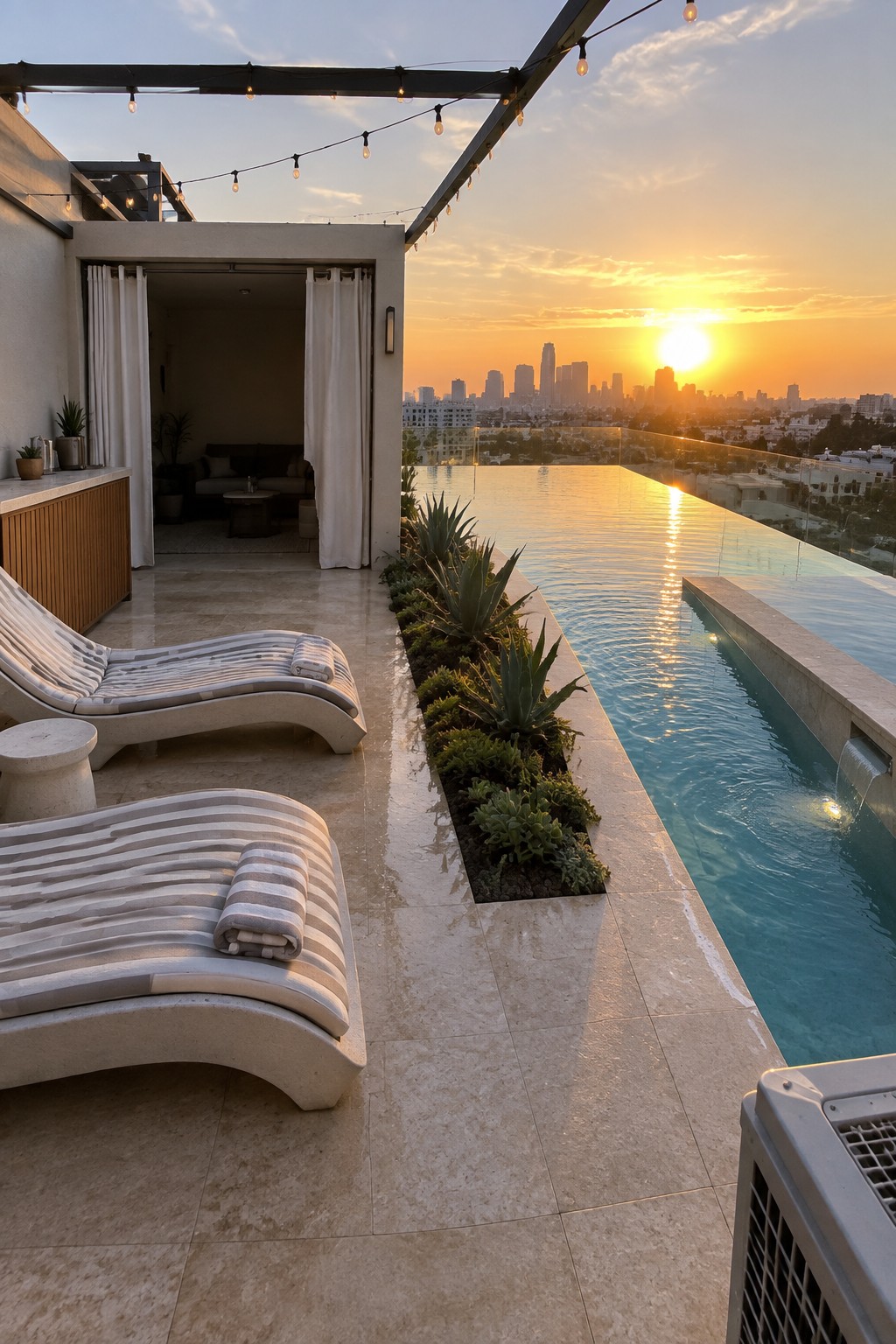 An elevated terrace with two striped lounge chairs on stone tiles, a long infinity pool, and a narrow bed of succulents and agaves between the seating and the water, with a city skyline at sunset.