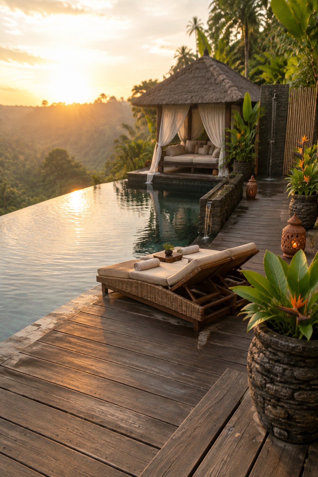 A wooden deck with two lounge chairs positioned at the edge of an infinity pool, a thatched cabana behind, and a sunset view over green hills.
