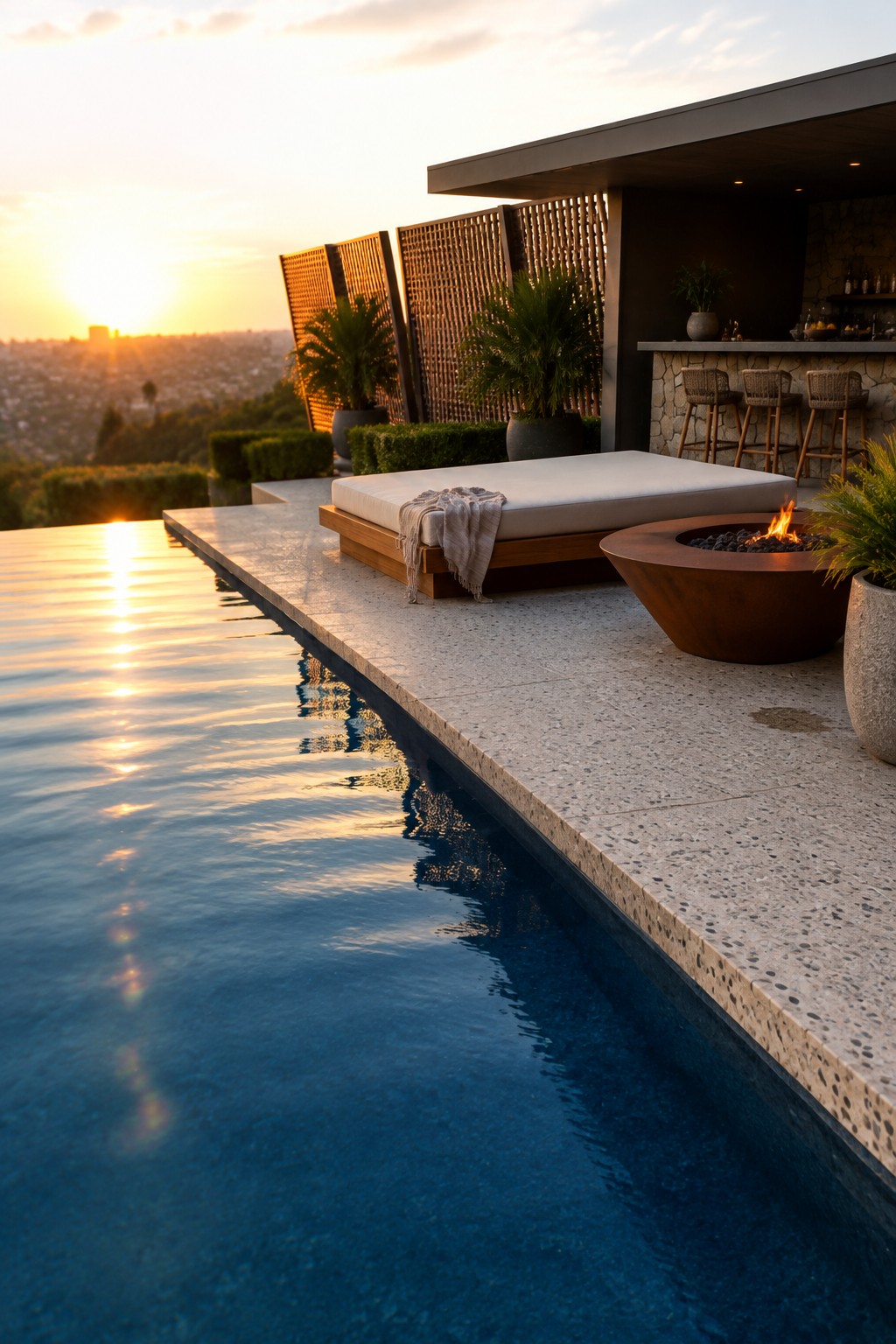 An infinity pool with a daybed and fire pit on a speckled concrete deck overlooking a city at sunset.