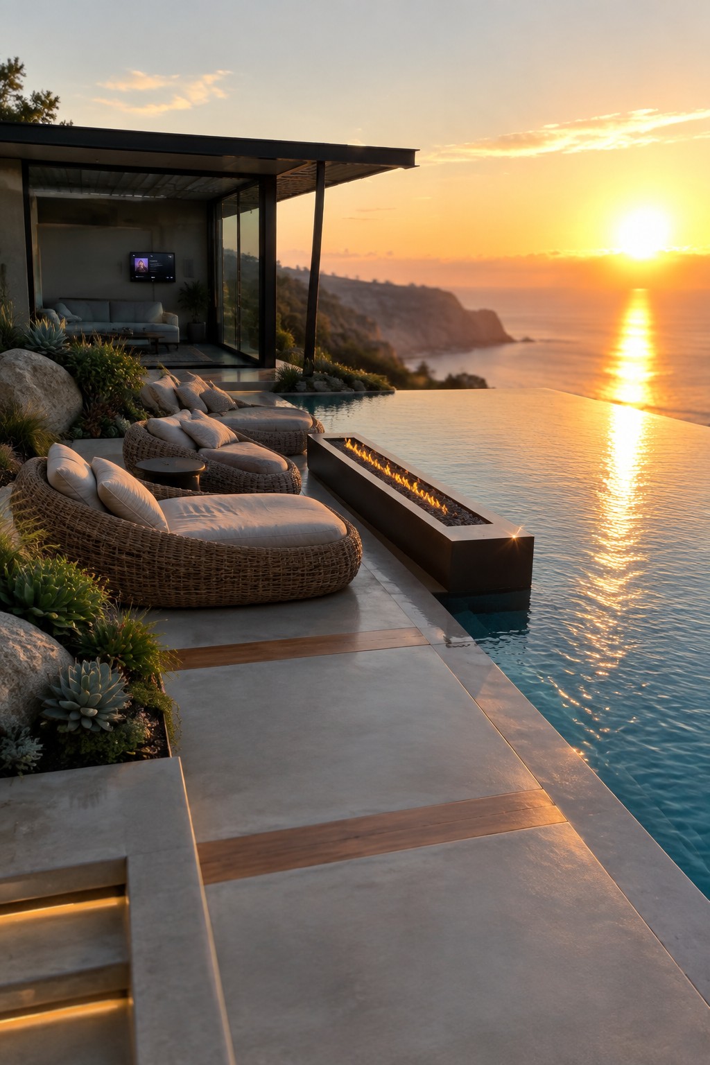 A modern cliffside patio features a rectangular fire pit beside an infinity pool, with woven lounge chairs and an ocean view at sunset.