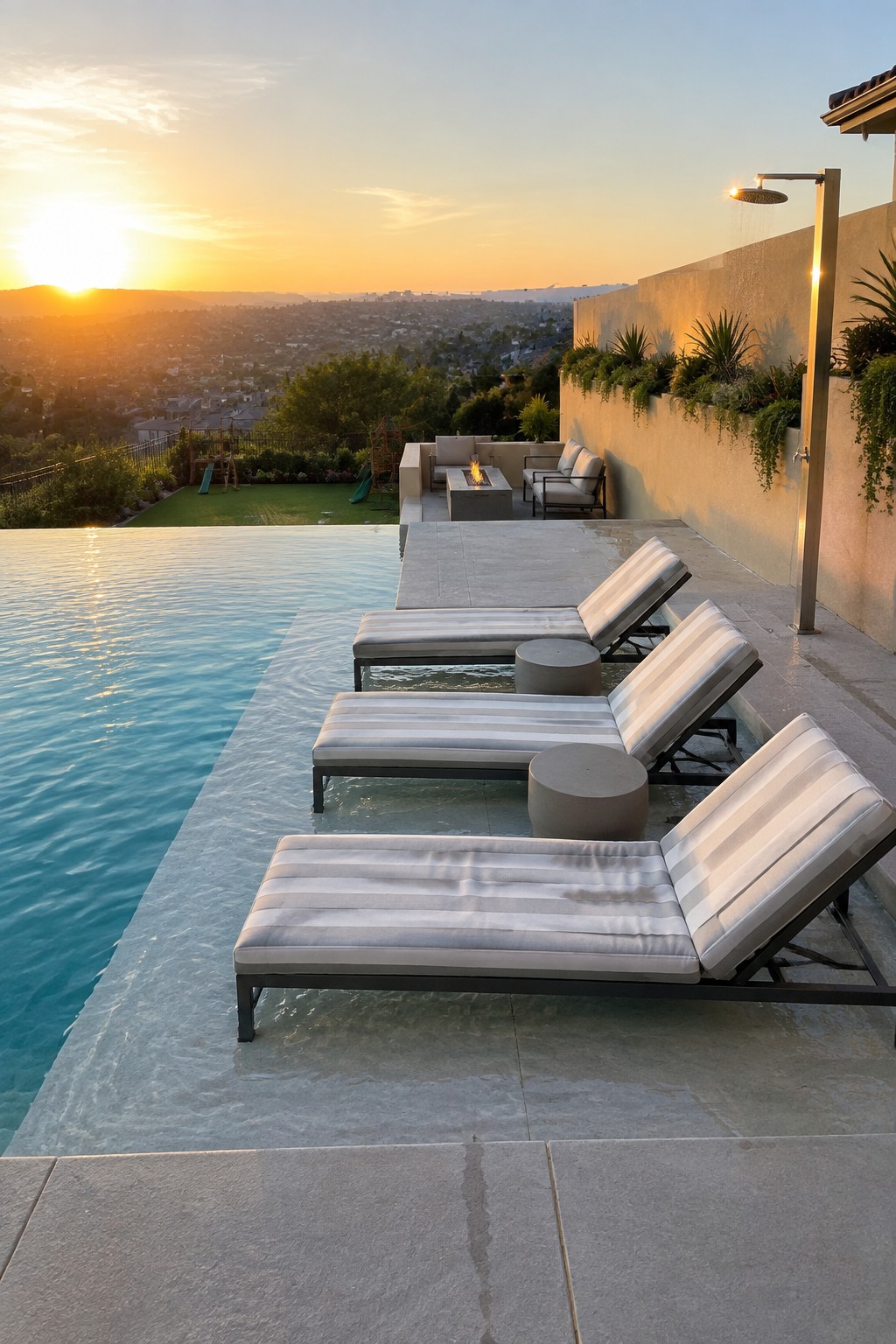 Three striped lounge chairs sit on a stone deck along the edge of an infinity pool, with a fire pit area and outdoor shower visible nearby at sunset.
