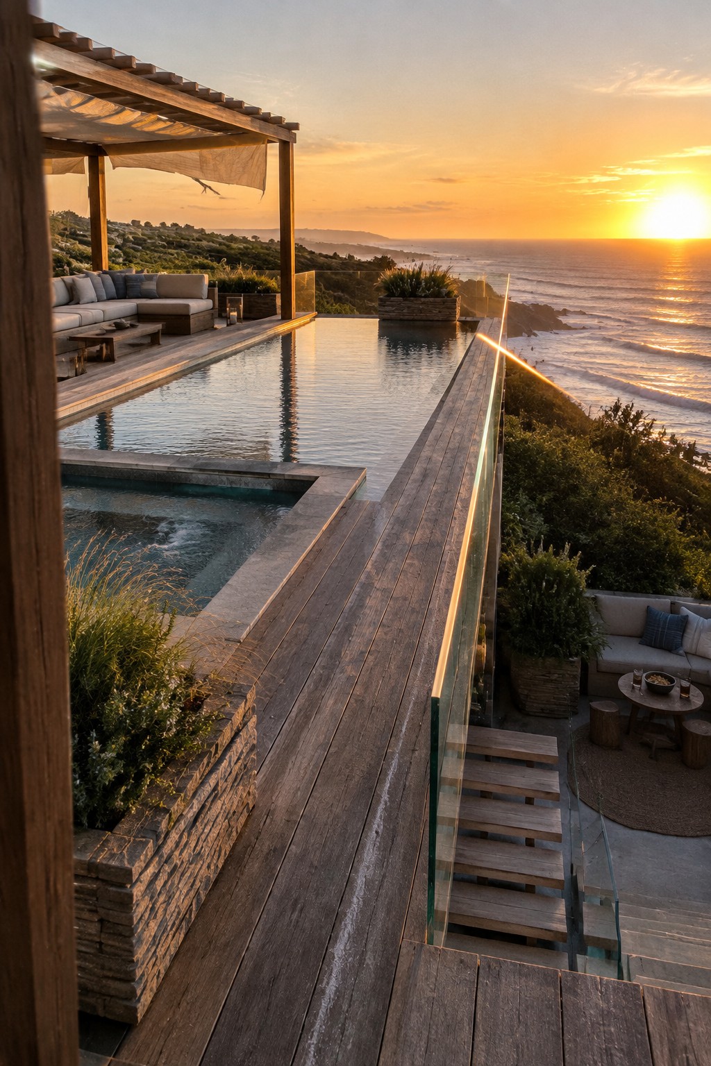 Cliffside infinity pool at sunset with wooden deck, glass railings and ocean view