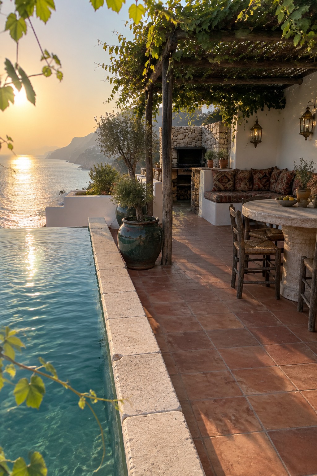 An infinity pool borders a terracotta-tiled terrace with a vine-covered pergola, dining table, cushioned bench, and ocean view at sunset.
