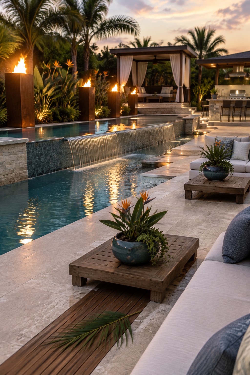 An infinity pool with a waterfall edge at dusk, flanked by tall fire pillars and adjacent lounge seating with potted plants.