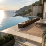 An infinity pool with a rectangular metal fire feature built into the wooden deck, lounge chairs nearby, and an outdoor shower on the left side overlooking the ocean.