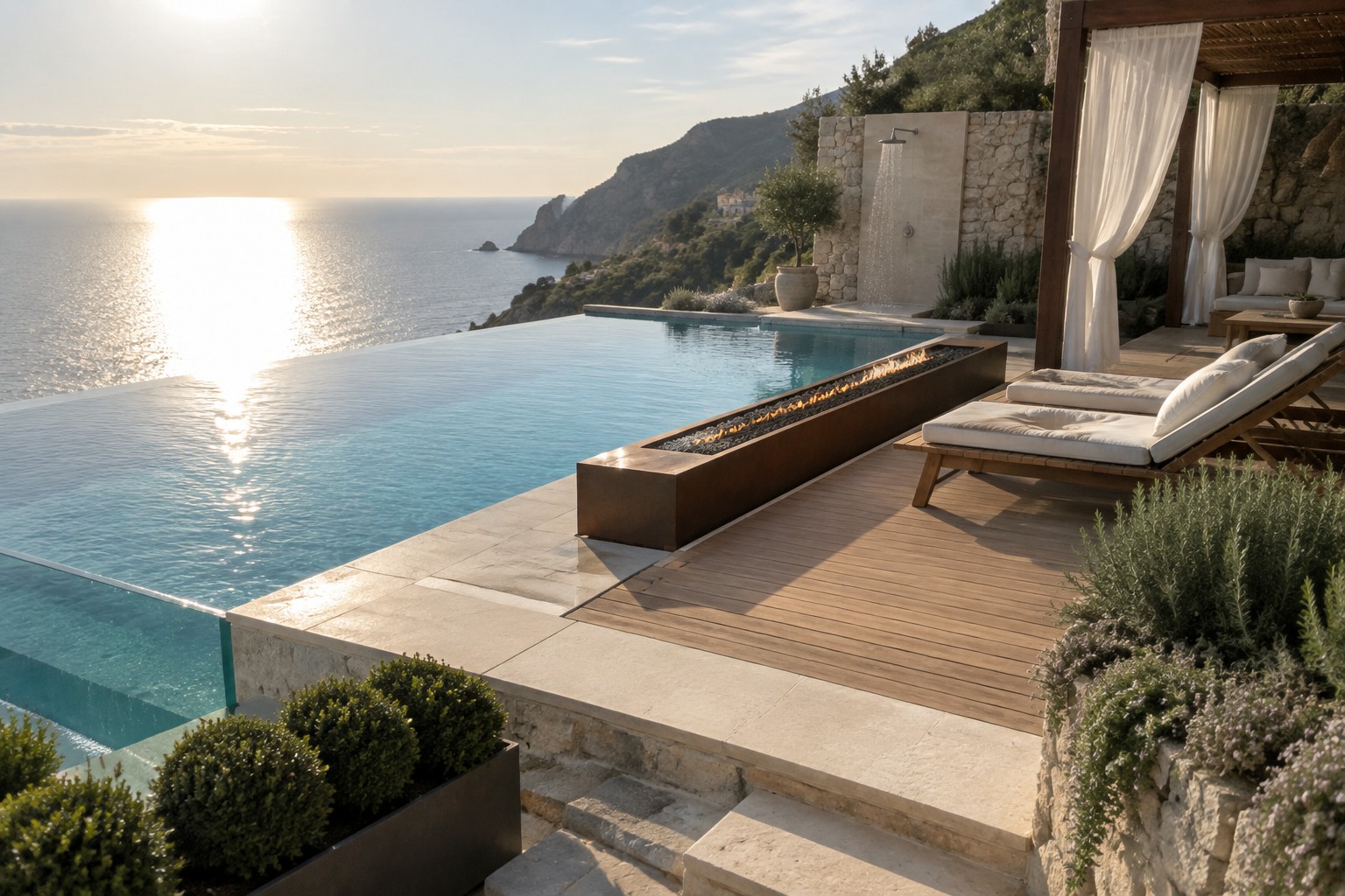 10 Dramatic Infinity Pool Ideas Featuring Integrated Fire Features An infinity pool with a rectangular metal fire feature built into the wooden deck, lounge chairs nearby, and an outdoor shower on the left side overlooking the ocean.
