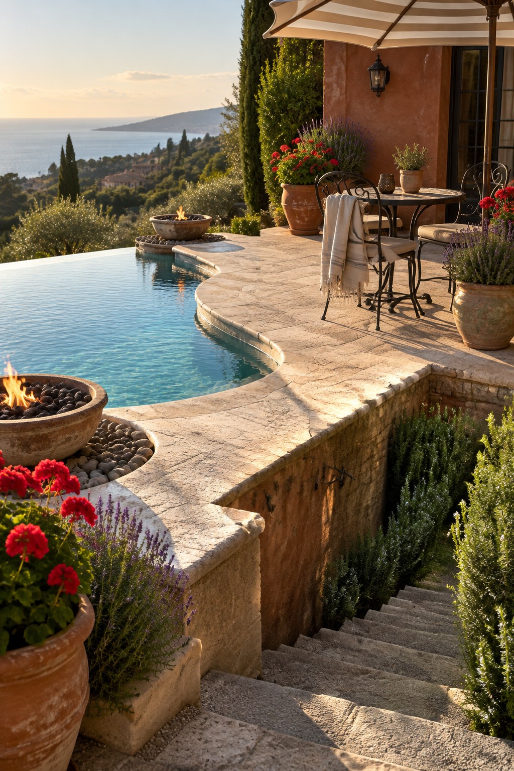 A curved infinity pool with adjacent stone patio, multiple fire bowls, potted red flowers and lavender, outdoor table with umbrella, and stairs leading down a hillside toward the ocean.