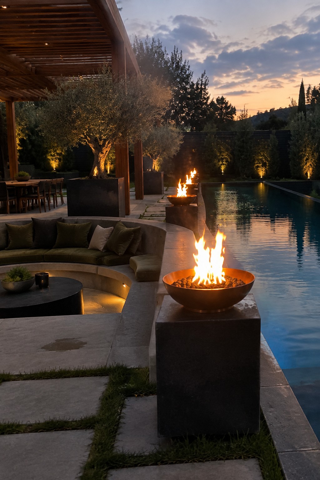 Modern patio with infinity pool, flaming fire bowls, and curved green seating at dusk