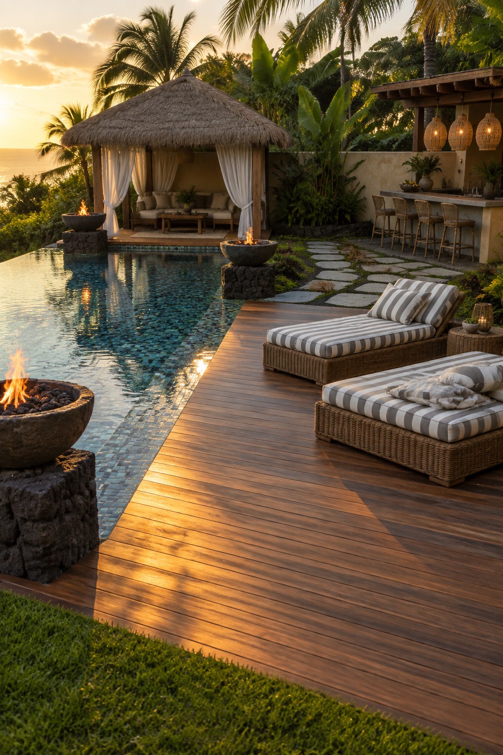 Tropical infinity pool with wooden deck, fire pits, striped lounge chairs at sunset