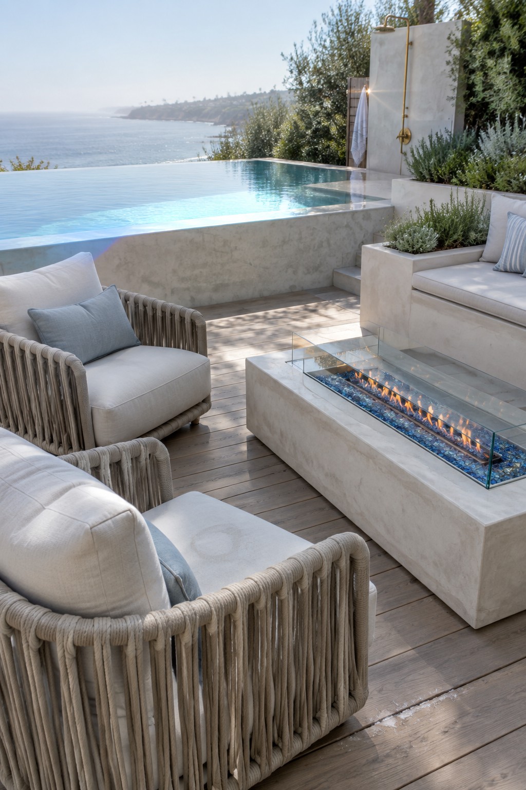 An outdoor patio with an infinity pool, a long concrete fire pit with glass sides, and several woven lounge chairs arranged around it on a wooden deck overlooking the ocean.