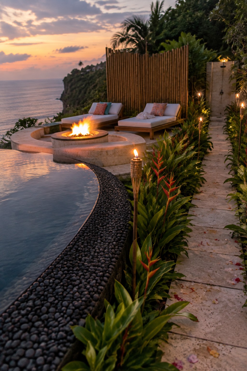 An infinity pool with a built-in circular fire pit set into the curved stone deck edge, flanked by two lounge chairs, tiki torches, and tropical planting along a stone path.