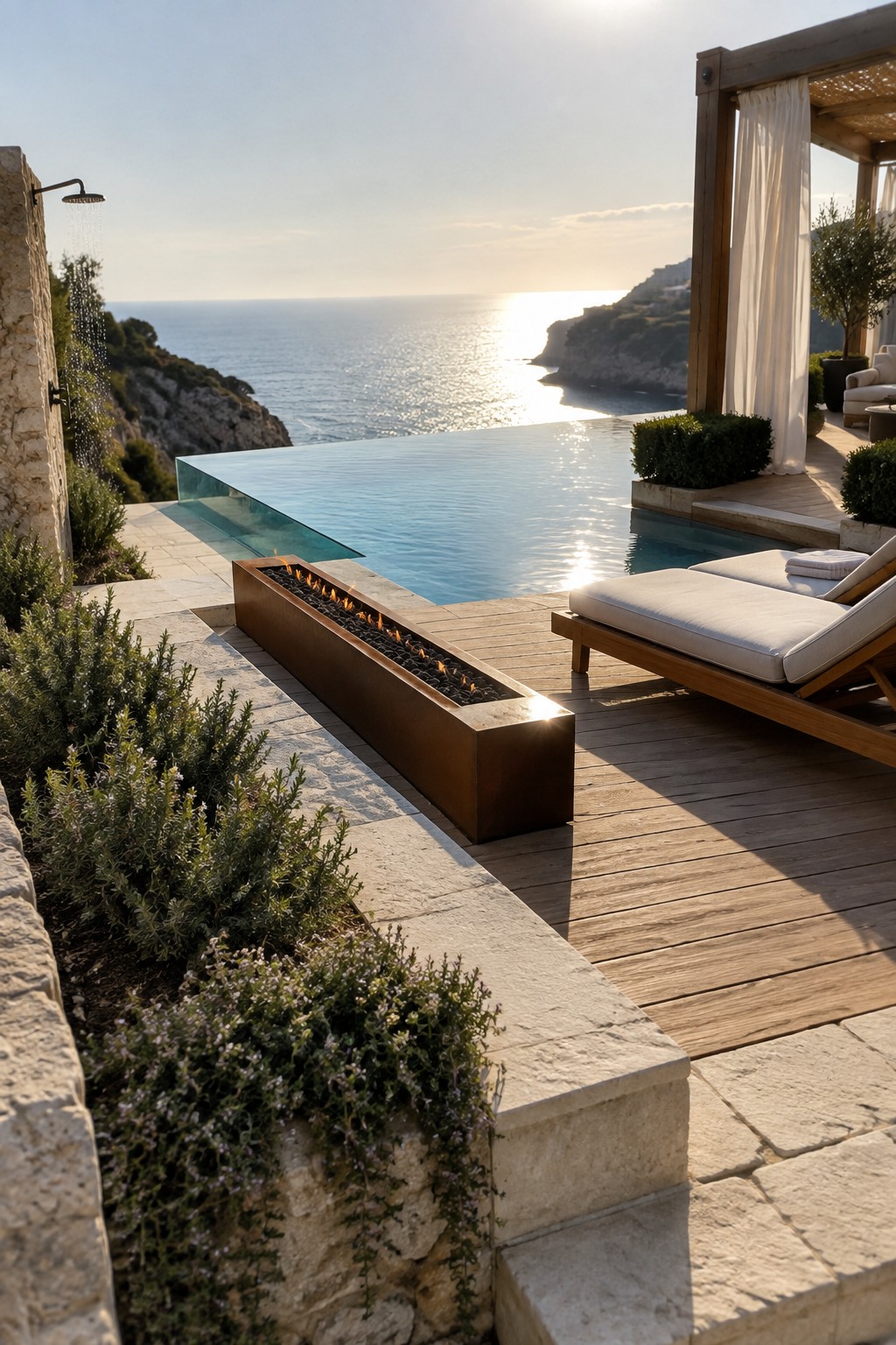 An infinity pool with a rectangular metal fire feature built into the wooden deck, lounge chairs nearby, and an outdoor shower on the left side overlooking the ocean.