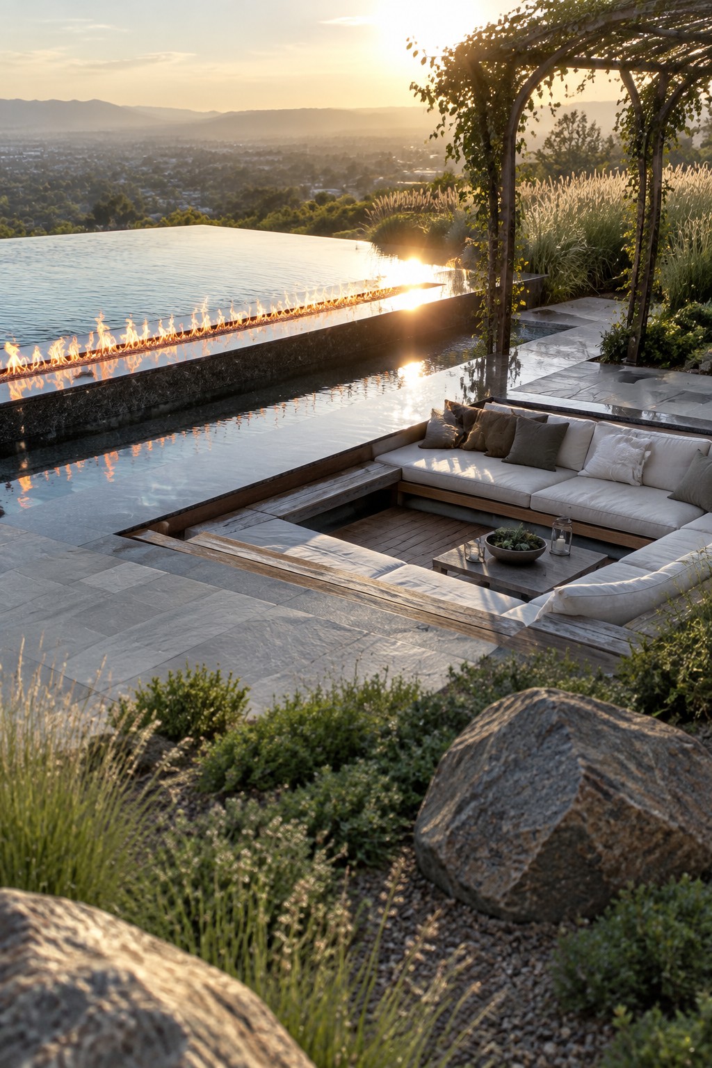 An infinity pool with a linear fire feature along its edge, next to a sunken outdoor seating area with white cushions and a wooden pergola, set against a hillside view at sunset.