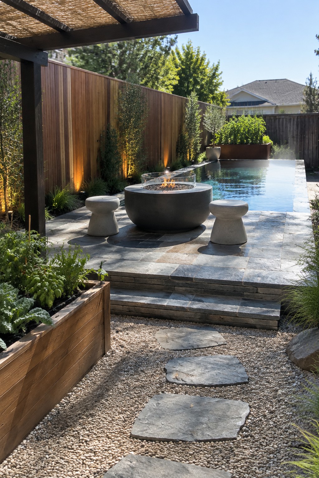 A backyard scene showing a rectangular pool with a round dark fire pit on the stone patio, two concrete stools beside it, and a gravel path with stepping stones in the foreground.