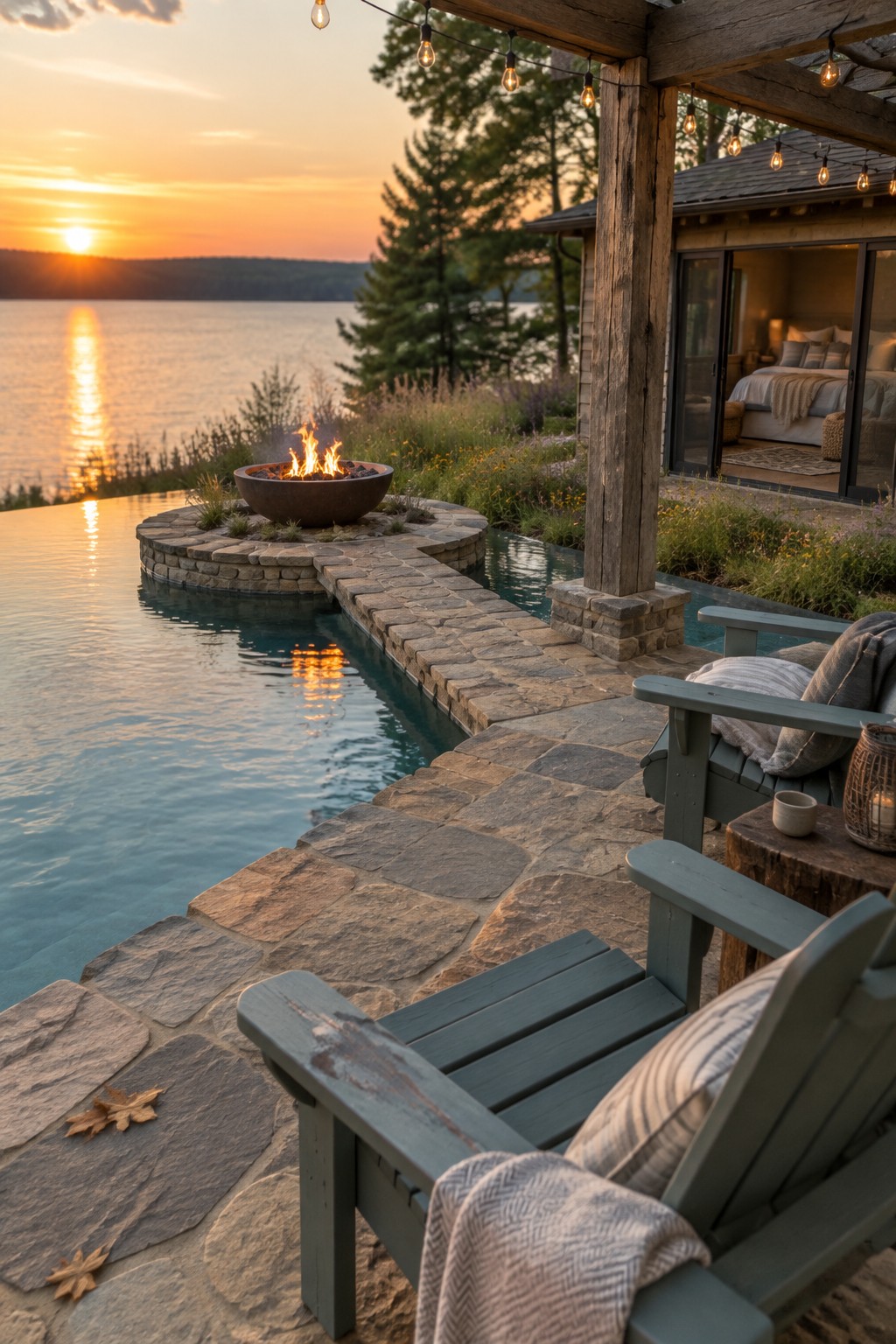 An outdoor infinity pool with a stone fire pit on a raised circular platform, a stone patio path, wooden pergola with string lights, and lounge chairs overlooking a lake at sunset.