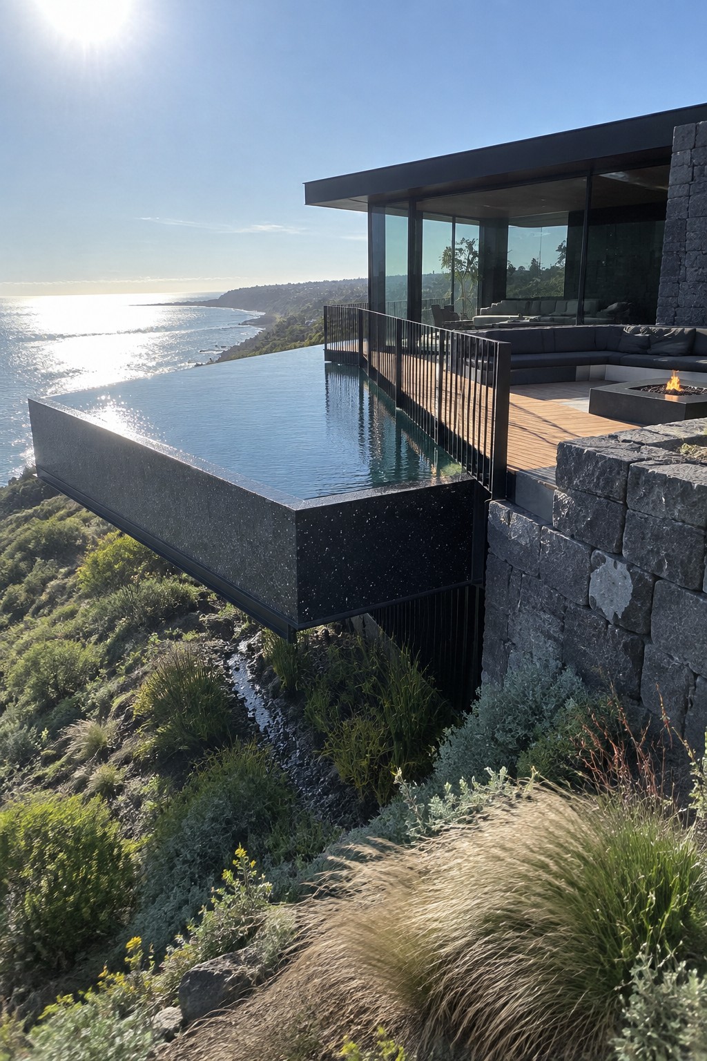 14 Elevated Infinity Pool Ideas Featuring Raised Architectural Structures A modern house with a large rectangular infinity pool cantilevered outward from a stone and wood deck over a coastal hillside overlooking the ocean.