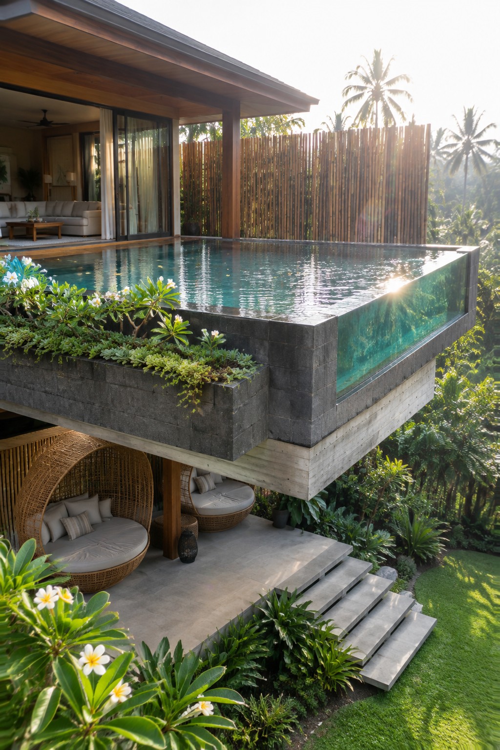 14 Elevated Infinity Pool Ideas Featuring Raised Architectural Structures A large infinity pool with a glass side wall sits on a cantilevered concrete platform above a tropical garden, with woven outdoor chairs on the patio below.
