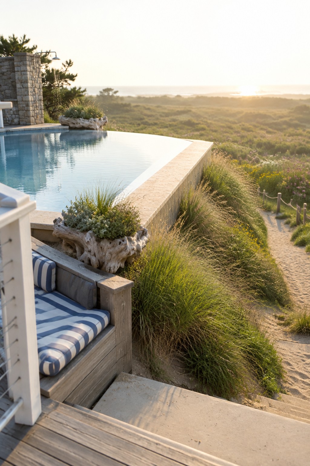 14 Elevated Infinity Pool Ideas Featuring Raised Architectural Structures Infinity pool with striped cushions overlooking dunes and ocean at sunset