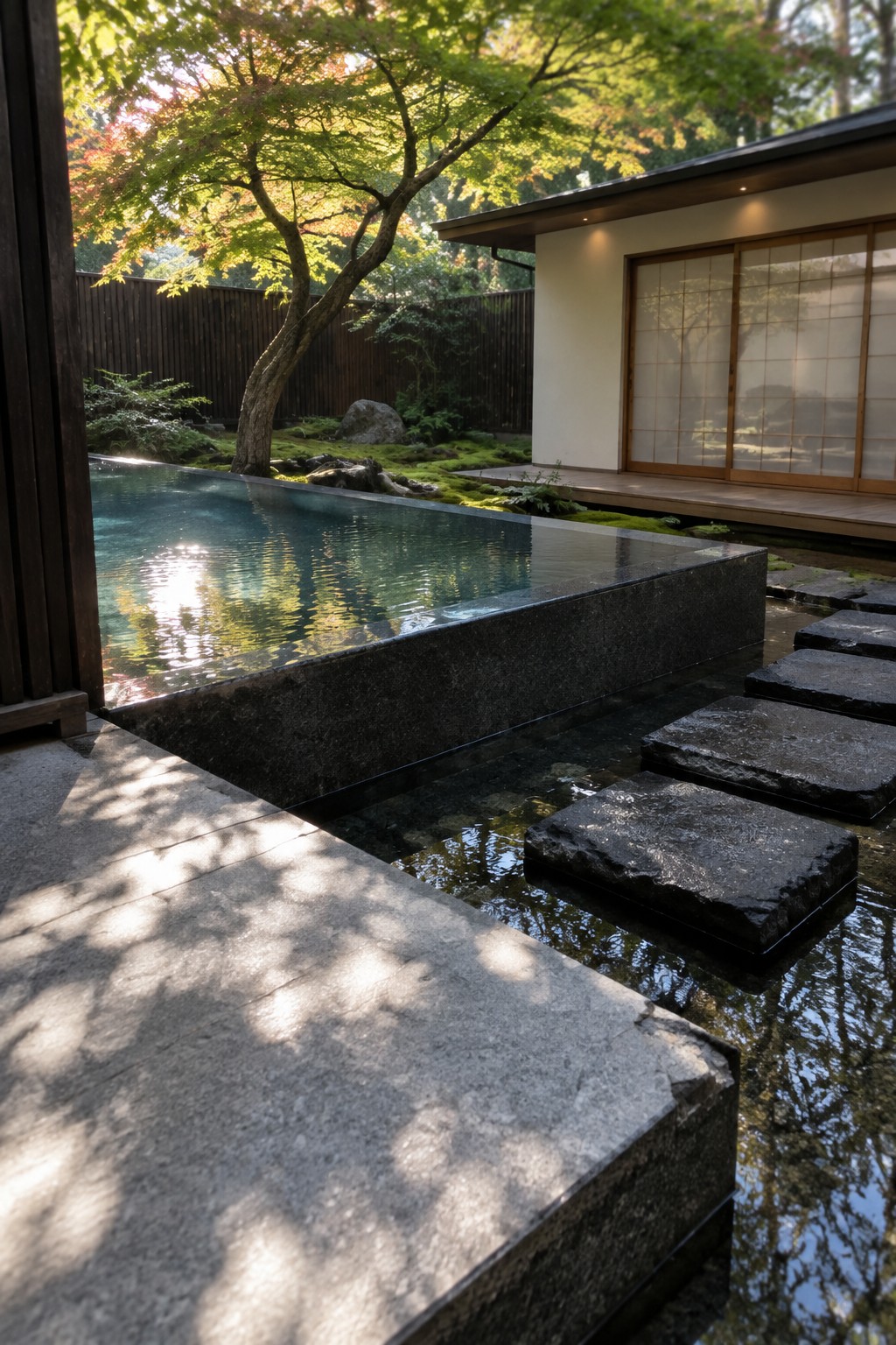 14 Elevated Infinity Pool Ideas Featuring Raised Architectural Structures Japanese garden with stepping stones in pond beside modern house and autumn maple tree