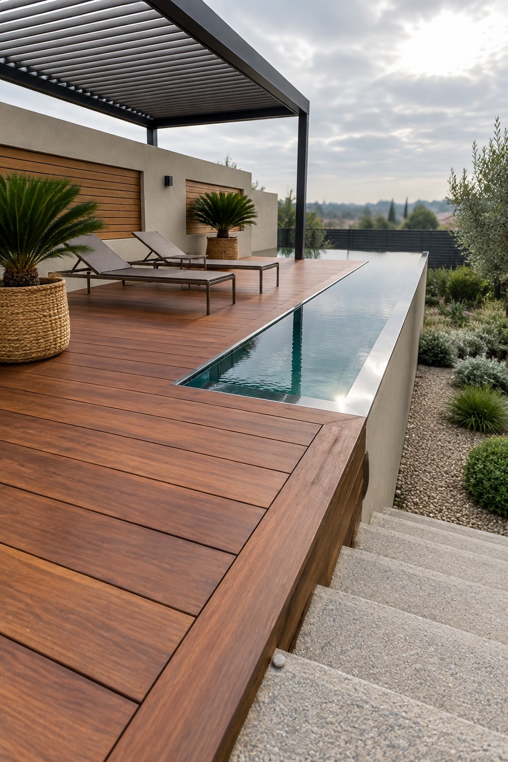 14 Elevated Infinity Pool Ideas Featuring Raised Architectural Structures A wooden deck with an integrated long infinity pool that has a raised metal edge, two lounge chairs under a dark pergola, potted plants, and concrete steps leading down to a gravel area.