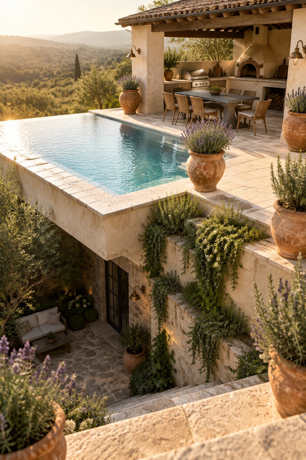 14 Elevated Infinity Pool Ideas Featuring Raised Architectural Structures Stone terrace with infinity pool, outdoor dining, lavender pots, and hillside view
