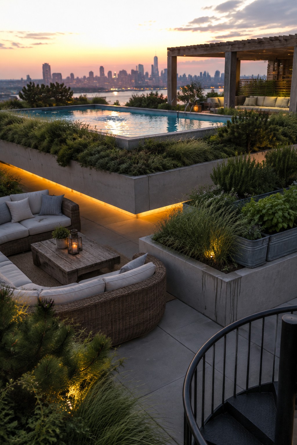 14 Elevated Infinity Pool Ideas Featuring Raised Architectural Structures A rooftop terrace at dusk with an elevated infinity pool set into a concrete structure lined with dense planters, outdoor seating, and a city skyline in the background.