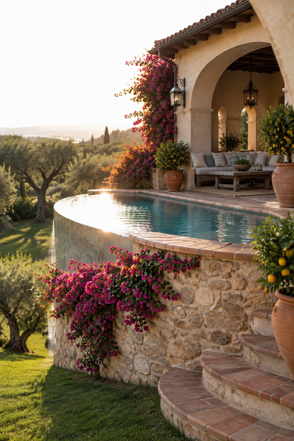 14 Elevated Infinity Pool Ideas Featuring Raised Architectural Structures Elegant infinity pool with cascading pink bougainvillea on stone walls at sunset.