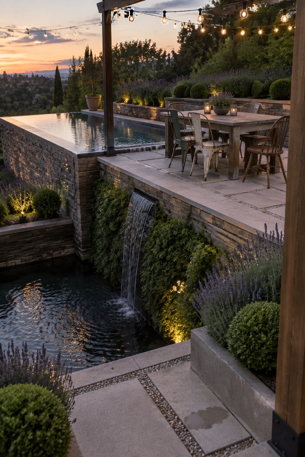 14 Elevated Infinity Pool Ideas Featuring Raised Architectural Structures An elevated infinity pool with a stone facade spills water over a waterfall into a lower basin beside a stone patio with a wooden dining table and chairs.