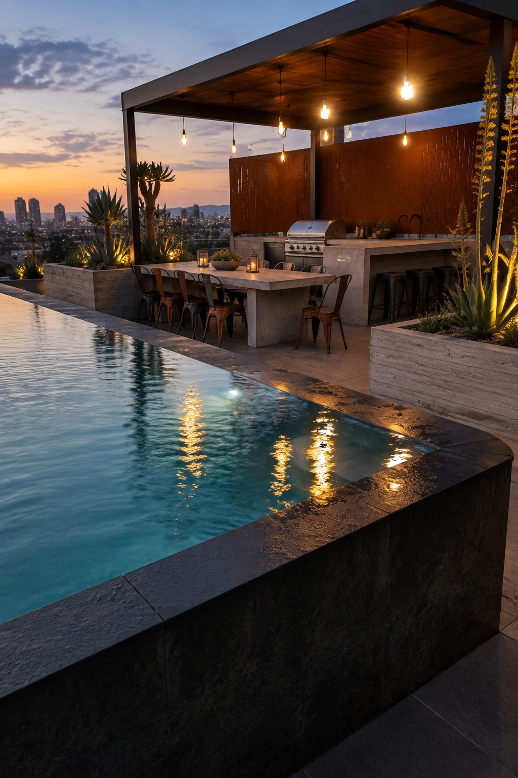14 Elevated Infinity Pool Ideas Featuring Raised Architectural Structures An infinity pool with a dark stone edge sits beside a covered outdoor kitchen and concrete dining table under a wooden canopy with hanging lights, surrounded by plants and overlooking a city skyline at dusk.