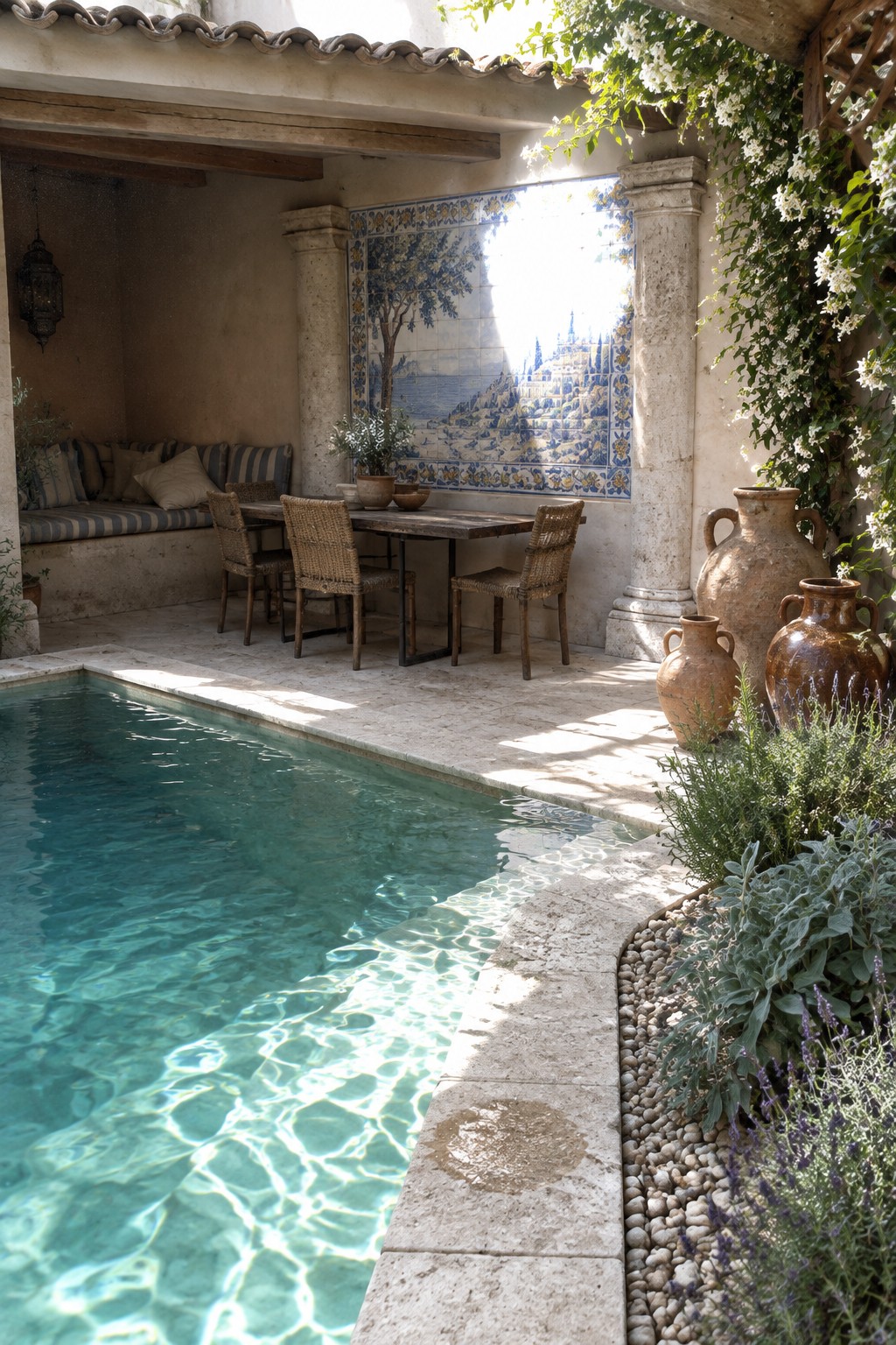 Sunlit turquoise pool in rustic courtyard with tiled mural and terracotta pots