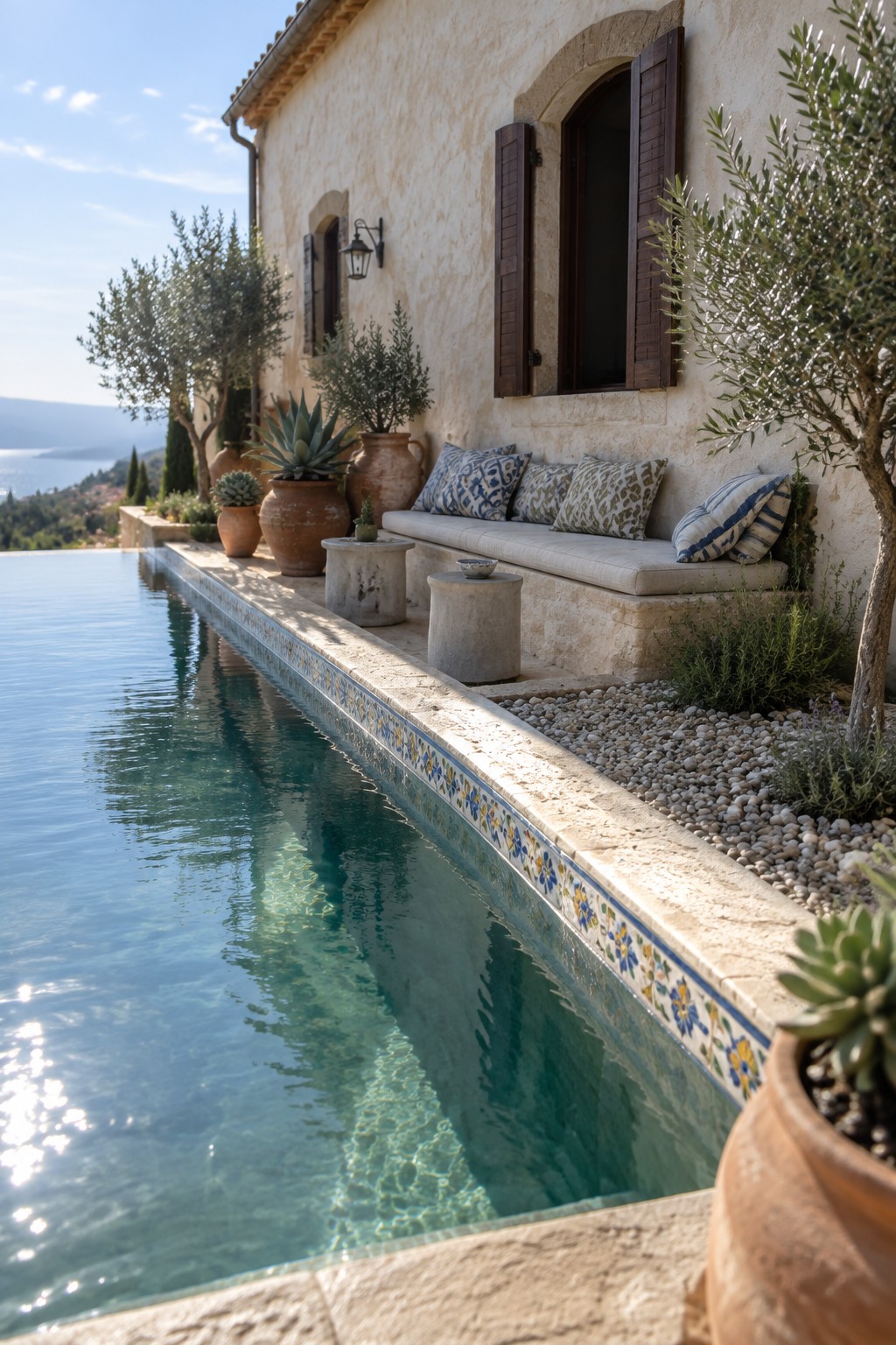 A long infinity pool with decorative tile edging runs beside a stone house wall with a built-in cushioned bench, potted plants, and gravel landscaping.